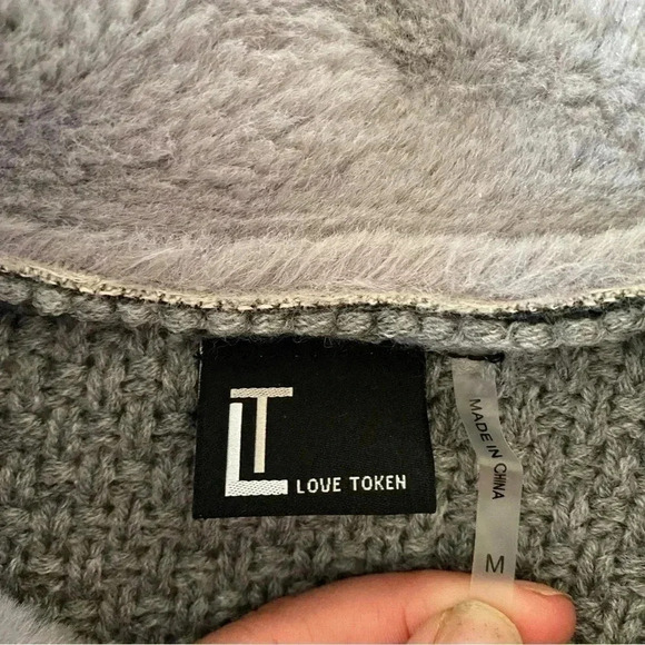 Love token Asymmetric Full Zip Faux Fur Lined Sweater Knit Jacket Gray: M - Picture 7 of 11